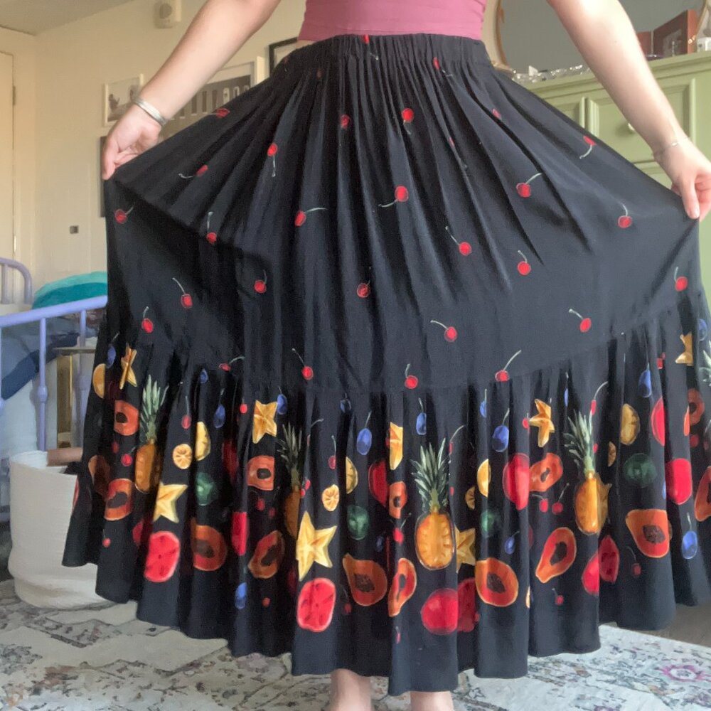 Vintage black maxi skirt with fruit pattern